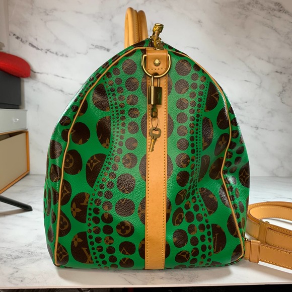 ❌❌ Louis Vuitton Kusama Keepall 55 Green bandouliere travel vintage bag LV RARE - Picture 8 of 15